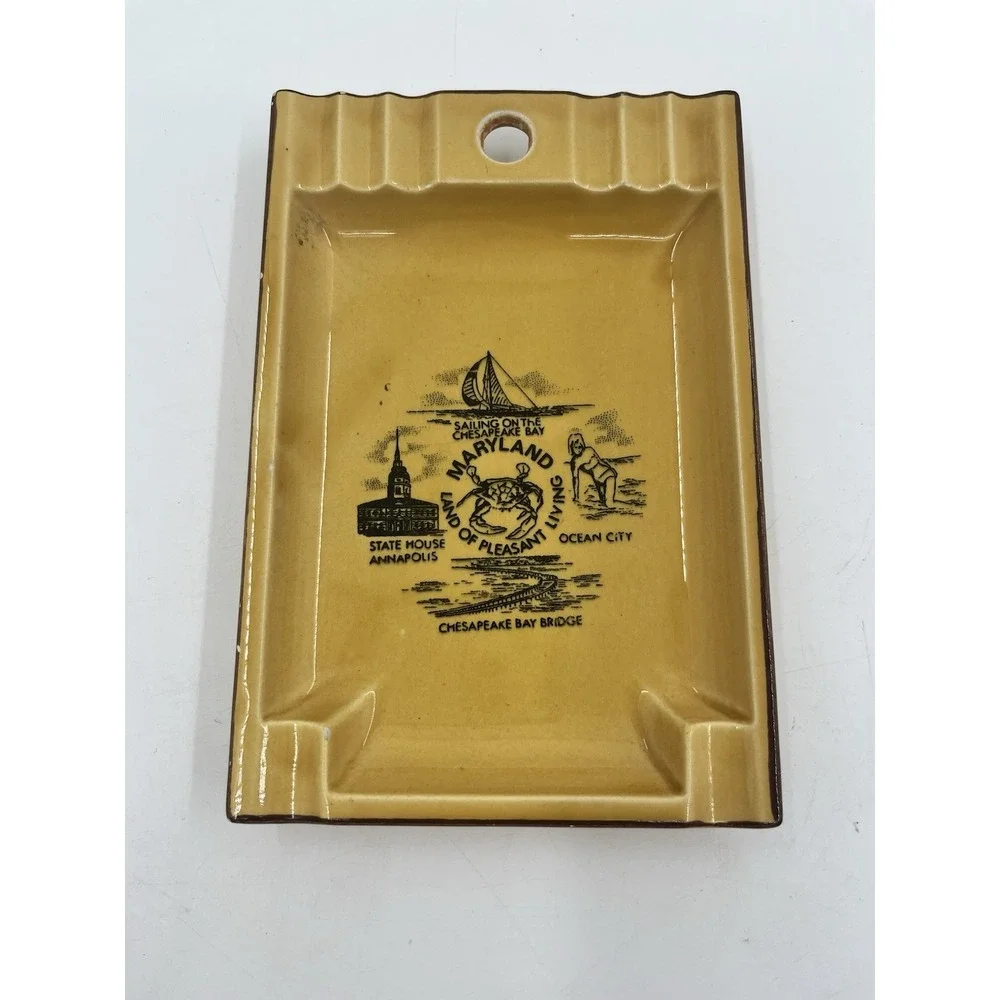 Vintage Maryland State Souvenir Trinket Tray Ashtray Ceramic Wall Decor Yellow